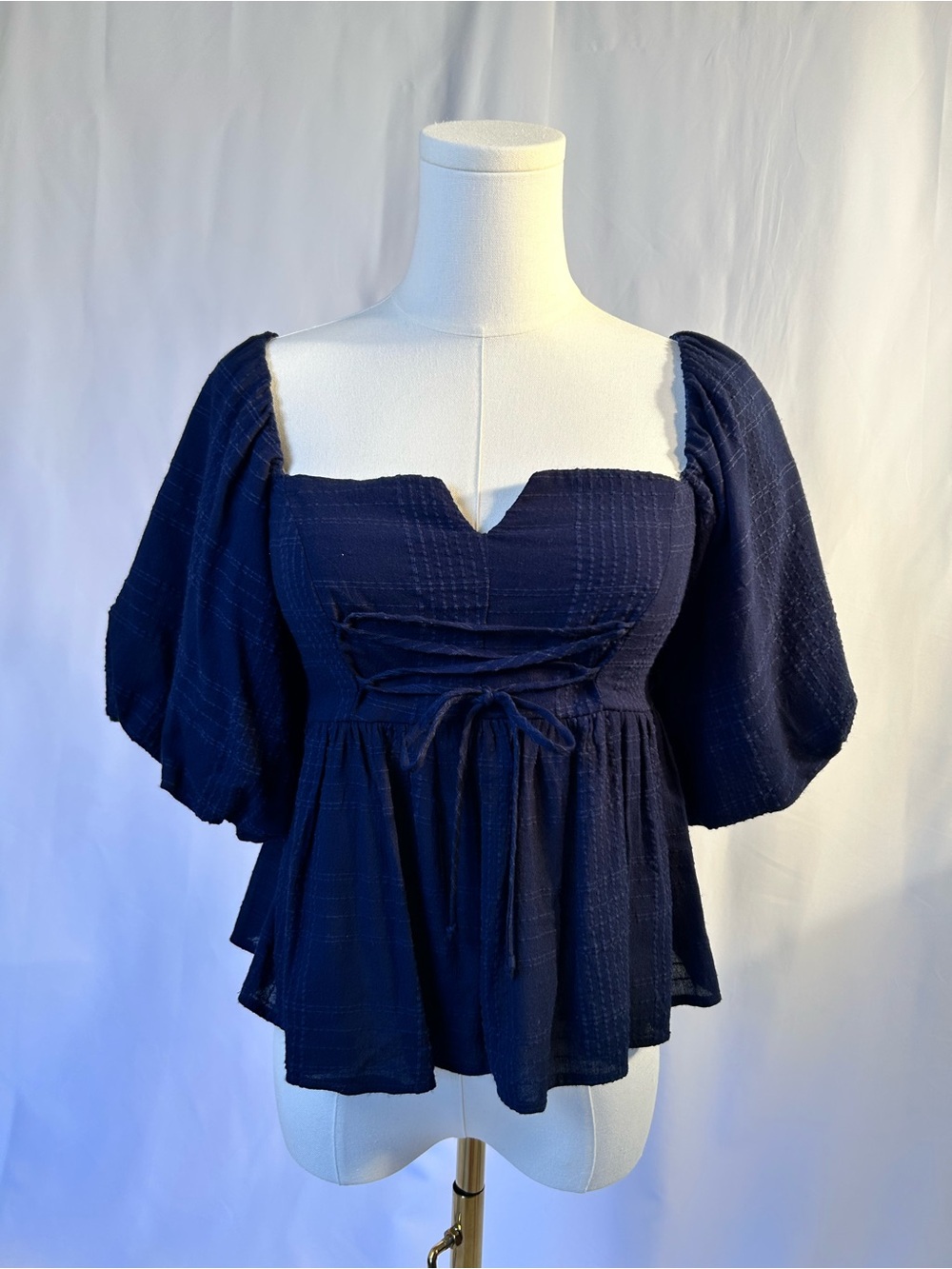 Trixxi Navy Square-Neck Peplum Top with Puff Sleeves Coquette Cottagecore Boho - Picture 2 of 7